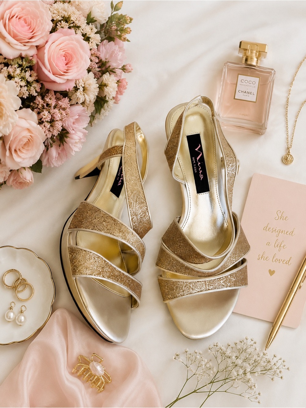 Nina Baby Glitter Open Toe Strappy Slingback Heels in Gold Size 6.5